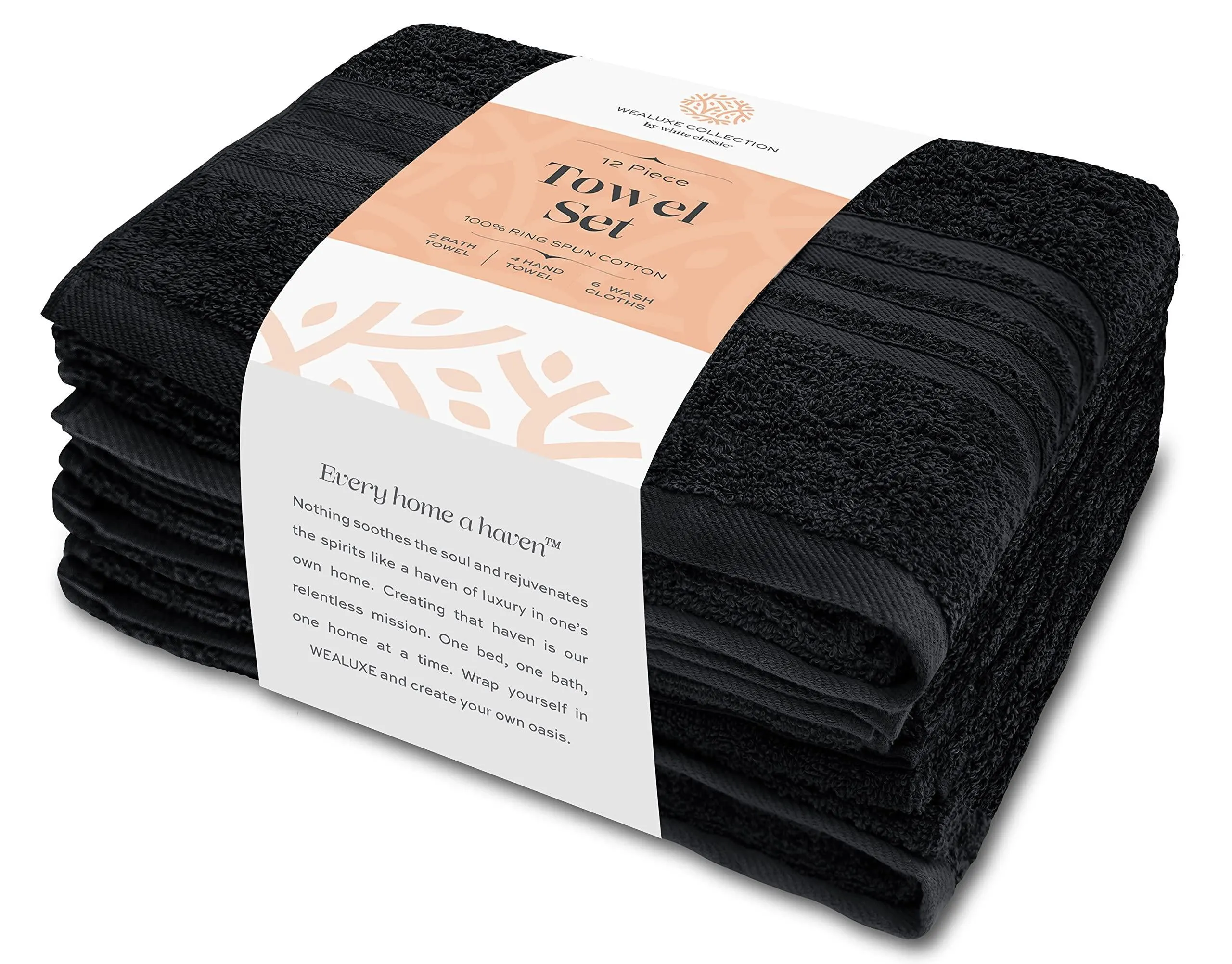 12 Pcs Bath Towel Set for Bathroom Wealuxe Collection Black 100% Cotton Soft