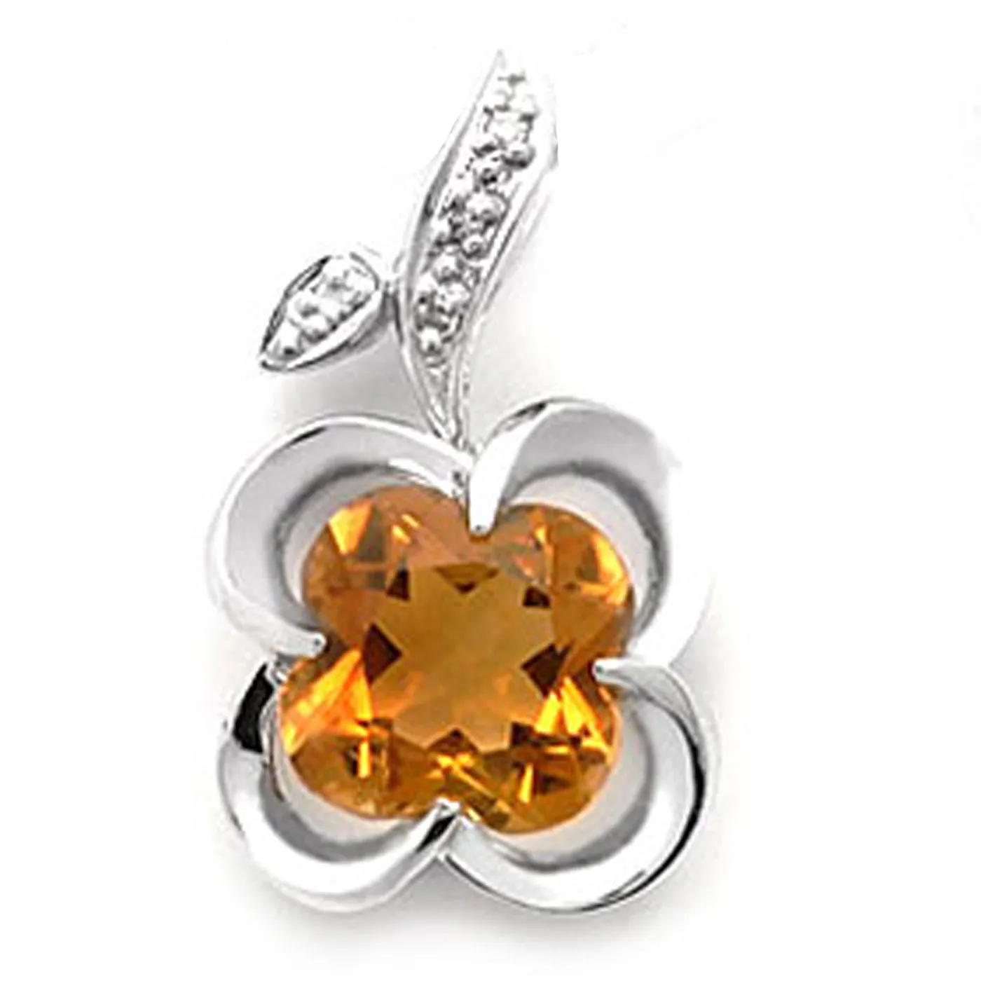 14k White Gold Clover Shape Citrine and Diamond Pendant