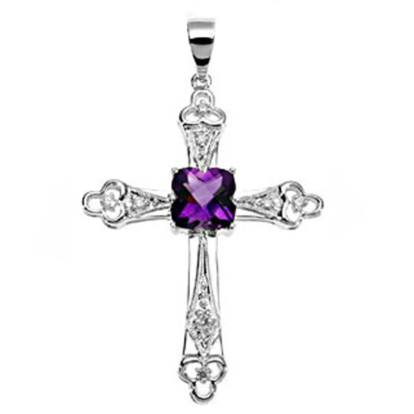 18k White Gold Clover Shape Amethyst and Diamond Cross Pendant