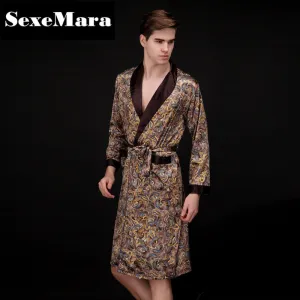 2017 spring summer new luxury print silk robe male bathrobe mens kimono bath gown mens silk robes dressing gowns D7-AD16