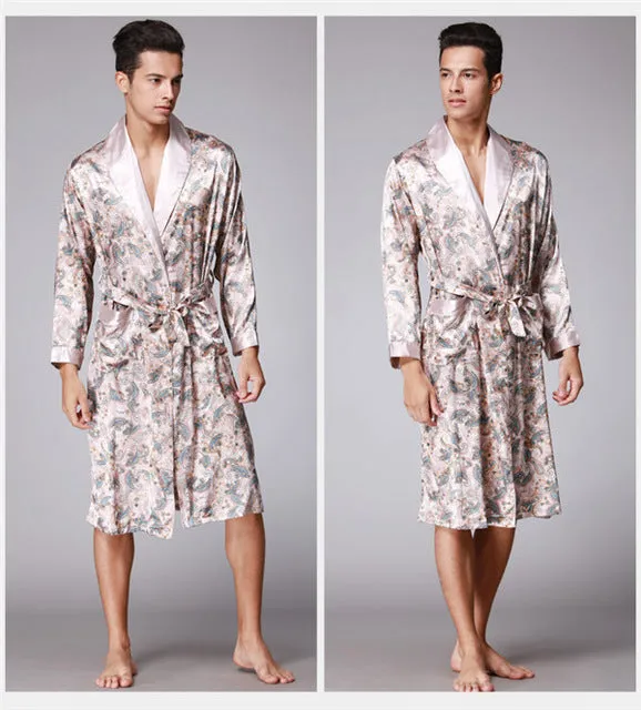 2017 spring summer new luxury print silk robe male bathrobe mens kimono bath gown mens silk robes dressing gowns D7-AD16