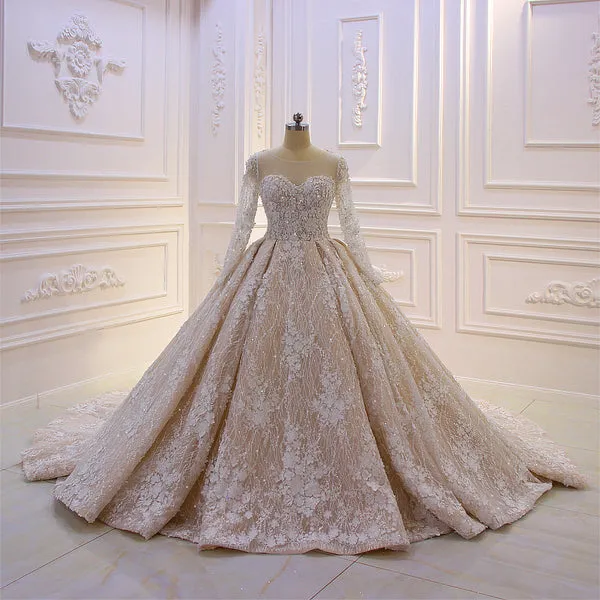 AM229 Long Sleeves Lace Applique 3D flowers Champagne Luxury Wedding Dress