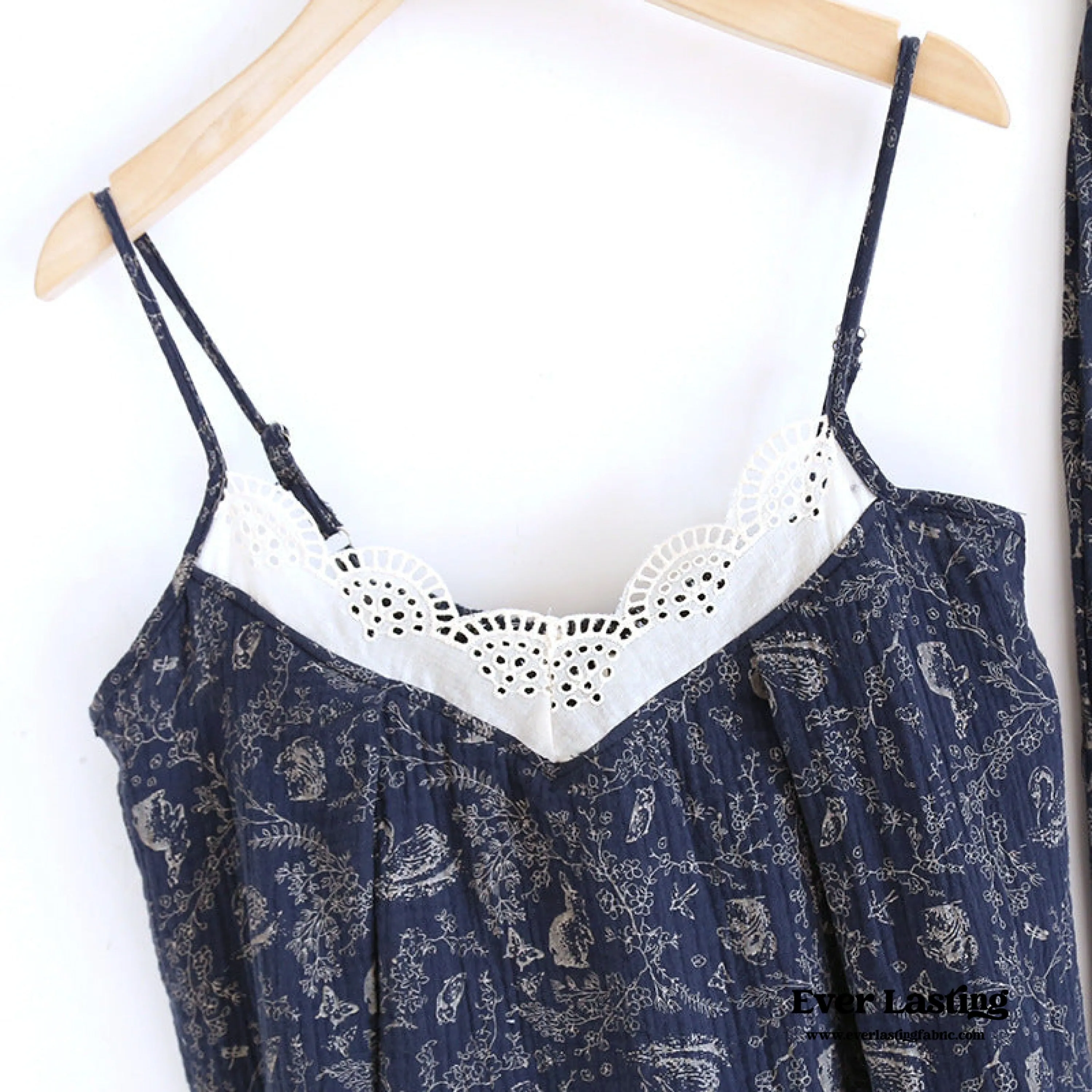 Floral Lace Tank Top & Long Pants with Cardigan Cotton Pajama Set