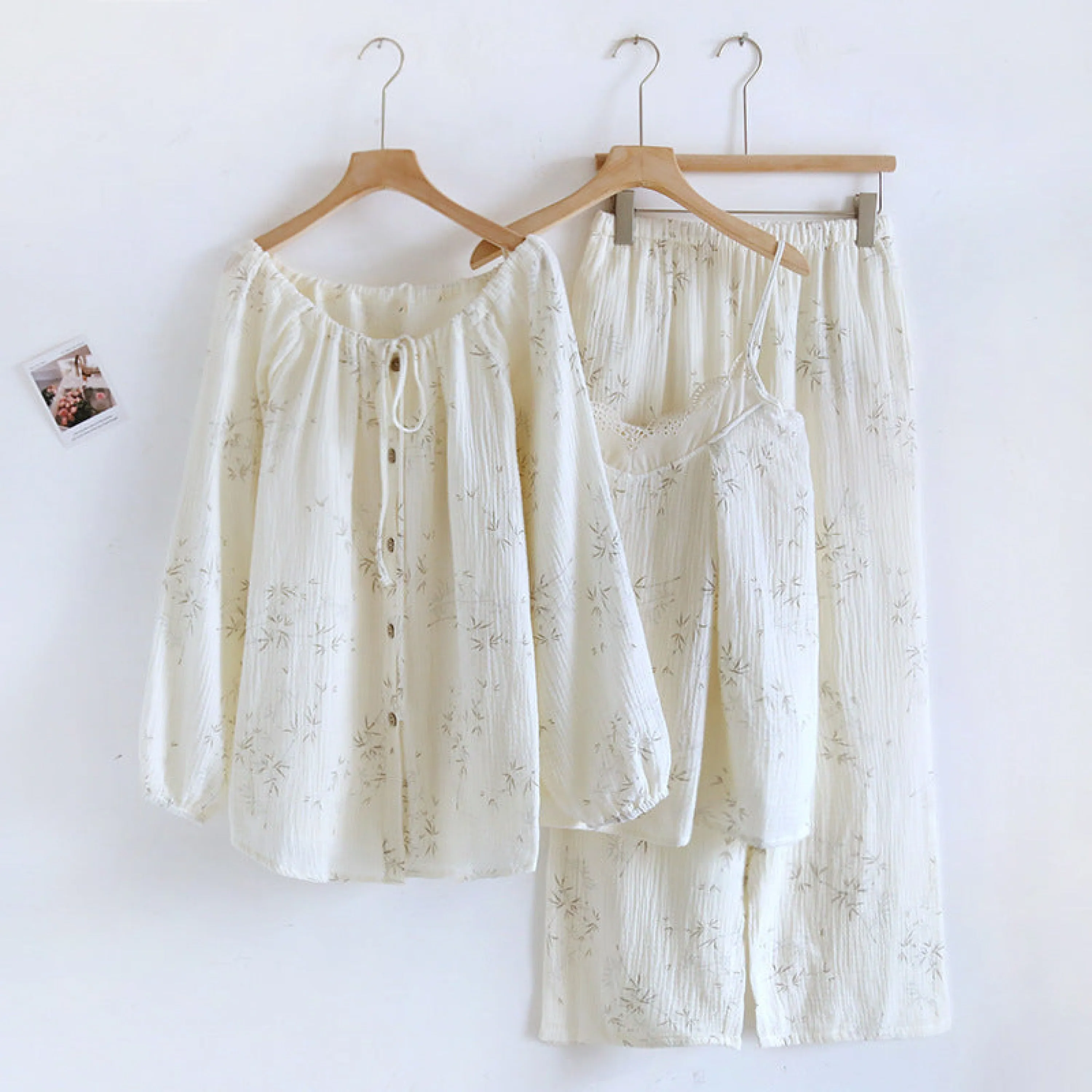 Floral Lace Tank Top & Long Pants with Cardigan Cotton Pajama Set