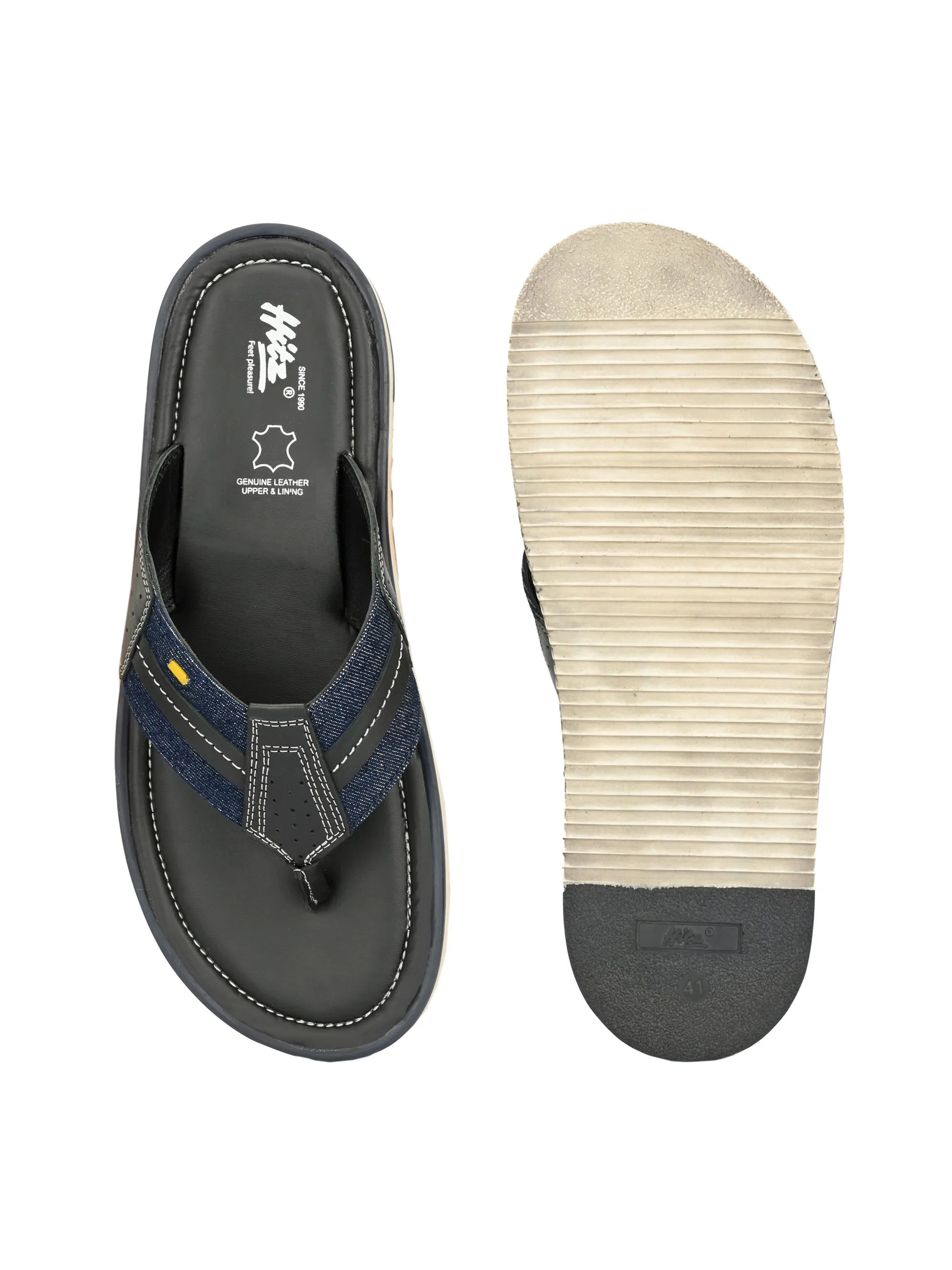 Hitz Men's Blue Fabric & Leather Comfortable Slippers