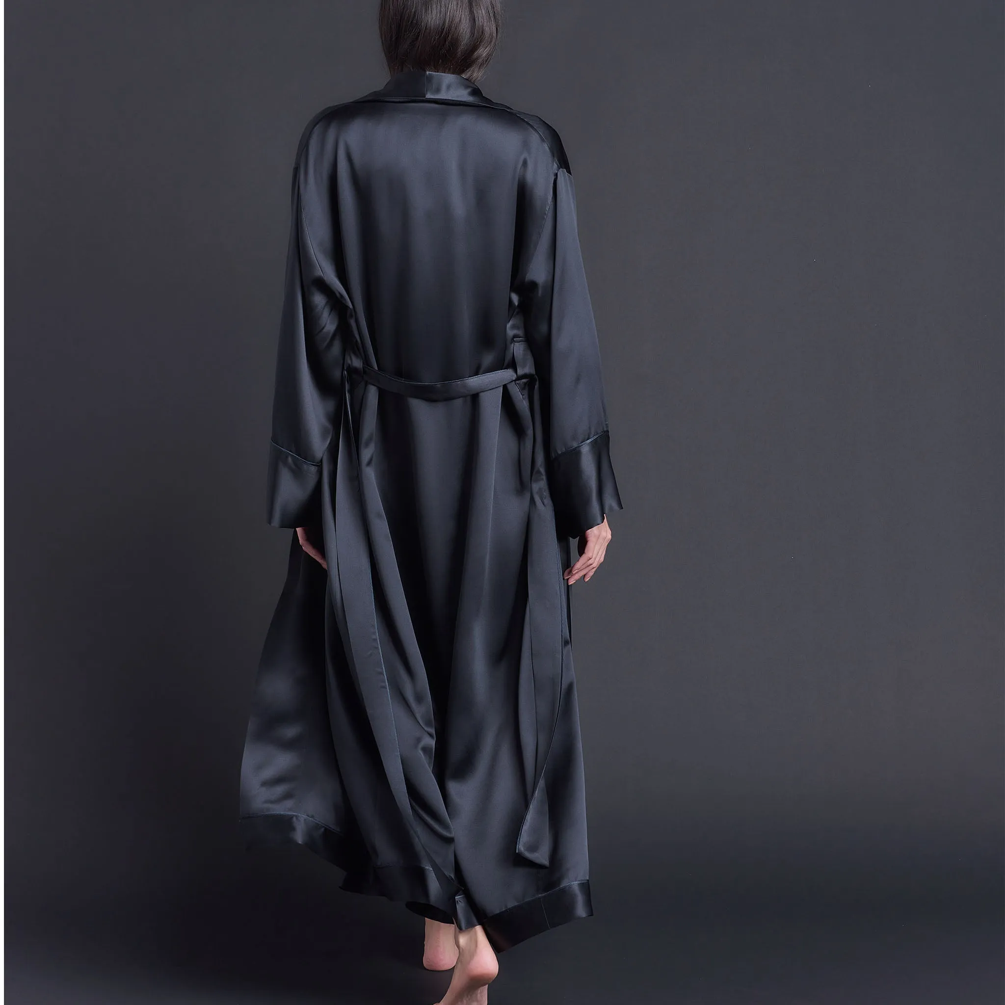 Long Claudette Robe in Black Silk Charmeuse