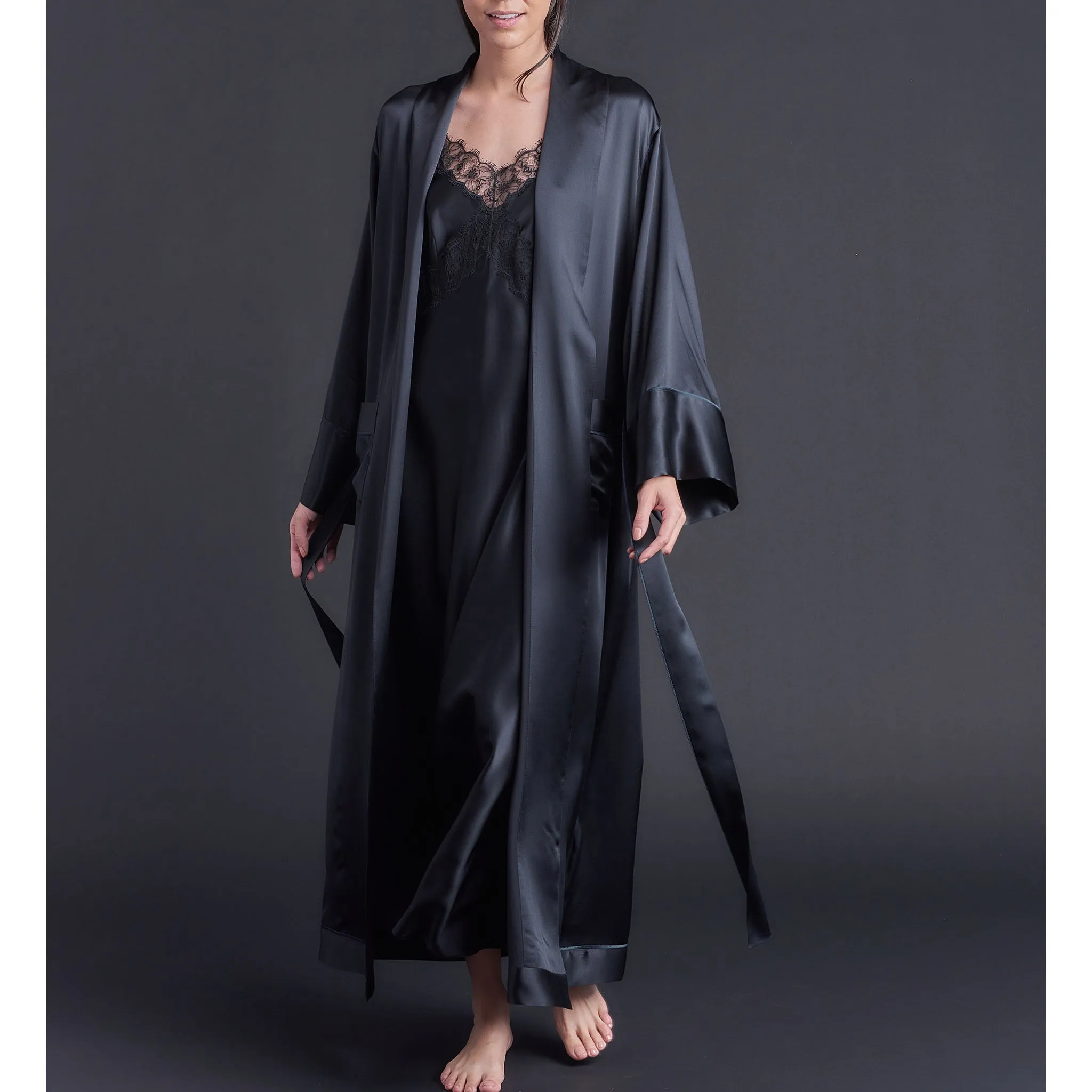 Long Claudette Robe in Black Silk Charmeuse