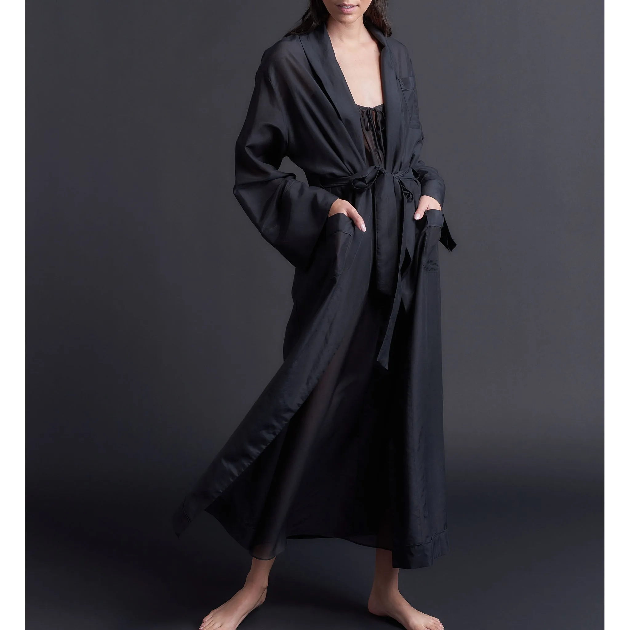 Long Claudette Robe in Black Silk Cotton Voile