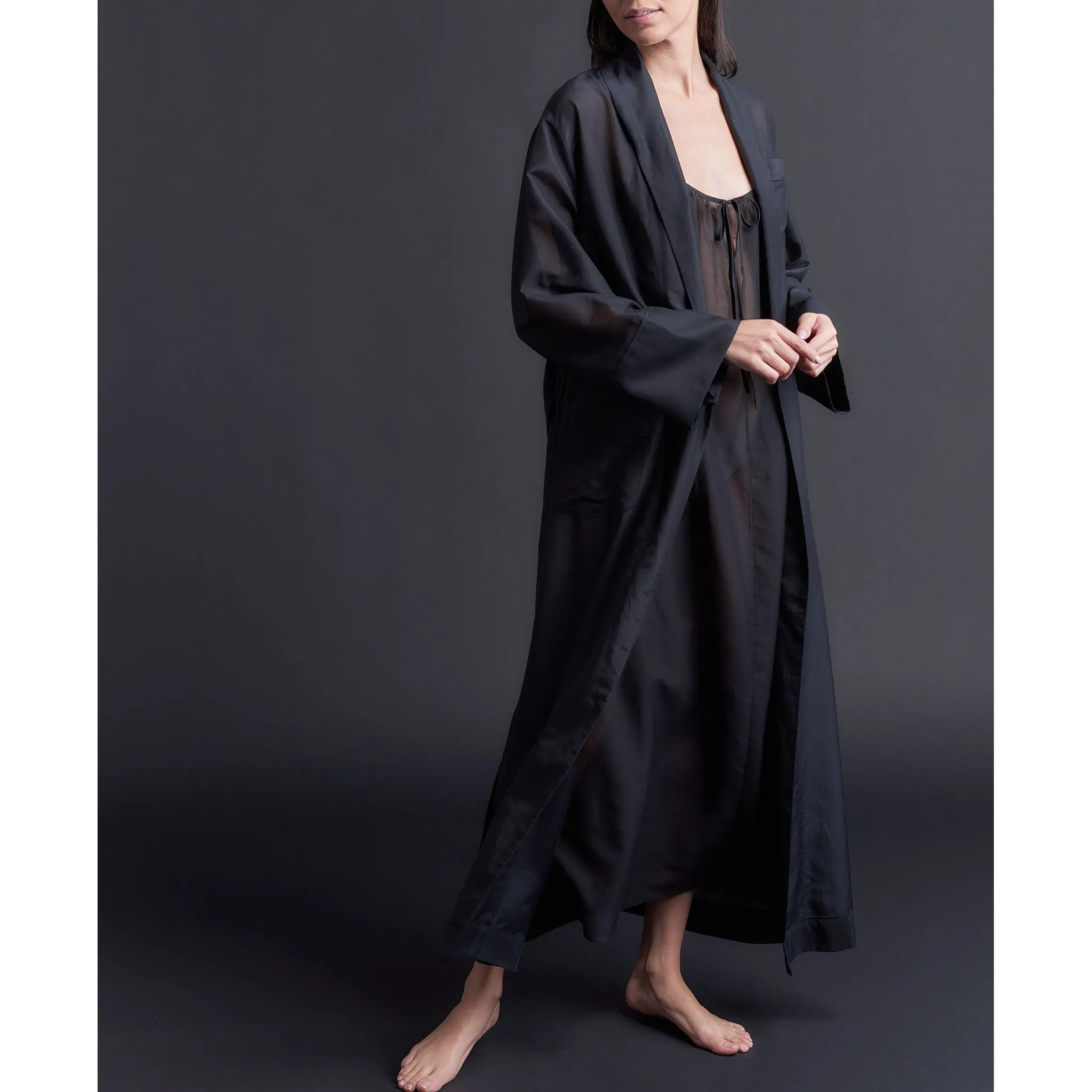 Long Claudette Robe in Black Silk Cotton Voile