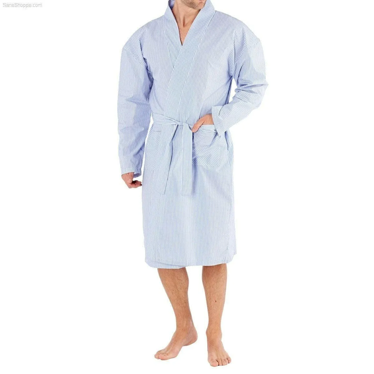 Men's Lighweight Check Stripe Kimono Wrap Dressing Gown