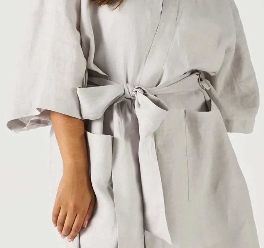 Nimes Linen One Size Short Bathrobe Pale Grey