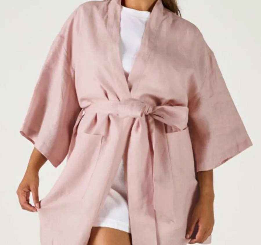 Nimes Linen One Size Short Bathrobe Rose Pink