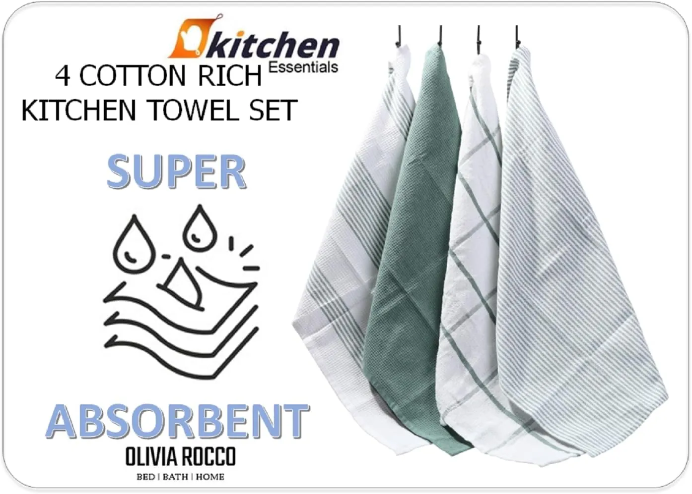 Pack of 4 Green Cotton Tea Towels for Drying Dishes and Cleaning Spills High Absorbency and Durability 65x45 cm by OLIVIA ROCCO