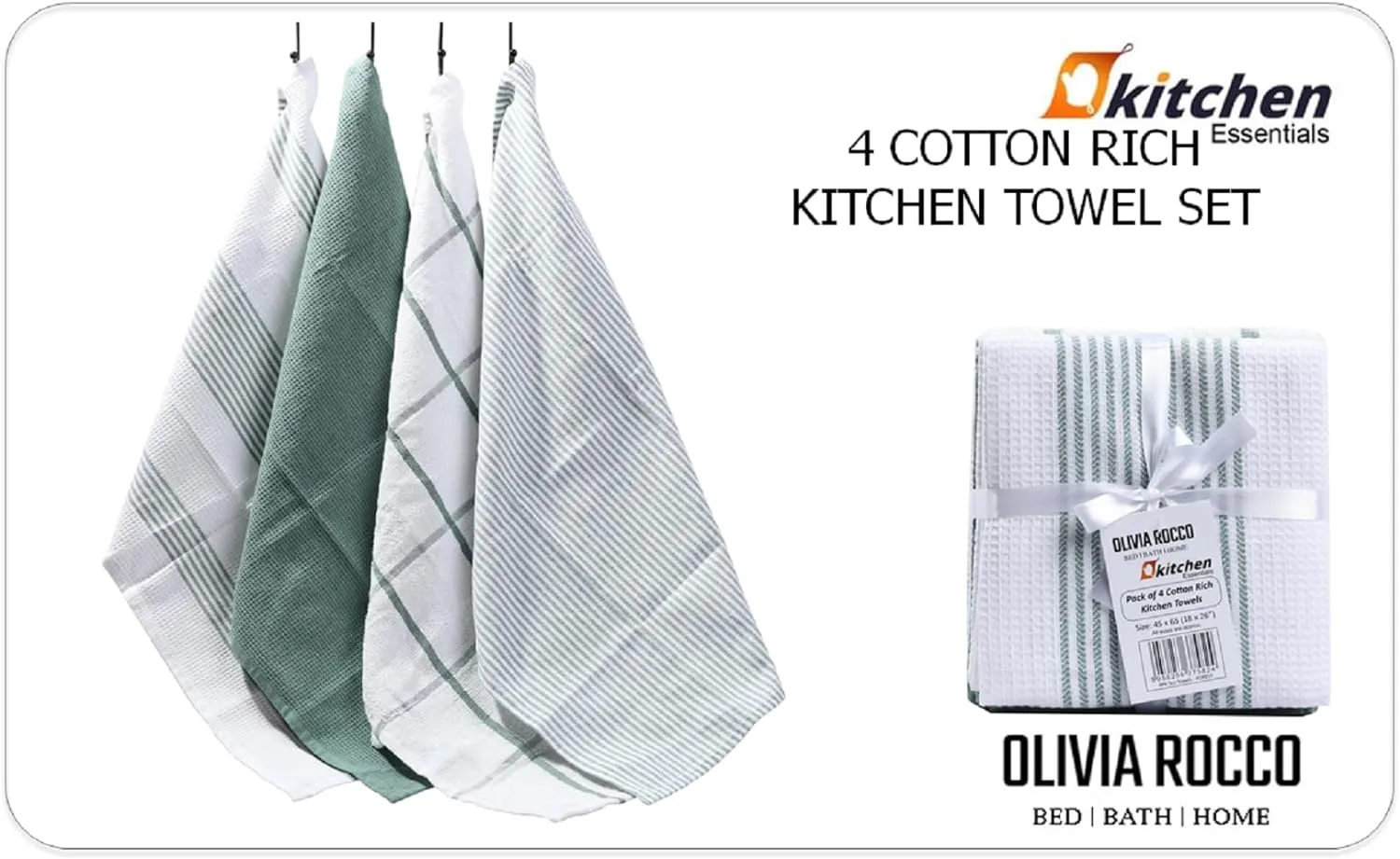 Pack of 4 Green Cotton Tea Towels for Drying Dishes and Cleaning Spills High Absorbency and Durability 65x45 cm by OLIVIA ROCCO