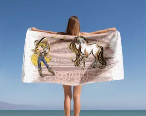 Personalised Beach Towel, Cowgirl and Horse, Blonde Curly Hair, Blue Eyes, Polycotton Towel