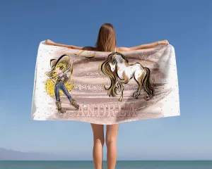 Personalised Beach Towel, Cowgirl and Horse, Blonde Curly Hair, Brown Eyes, Polycotton Towel