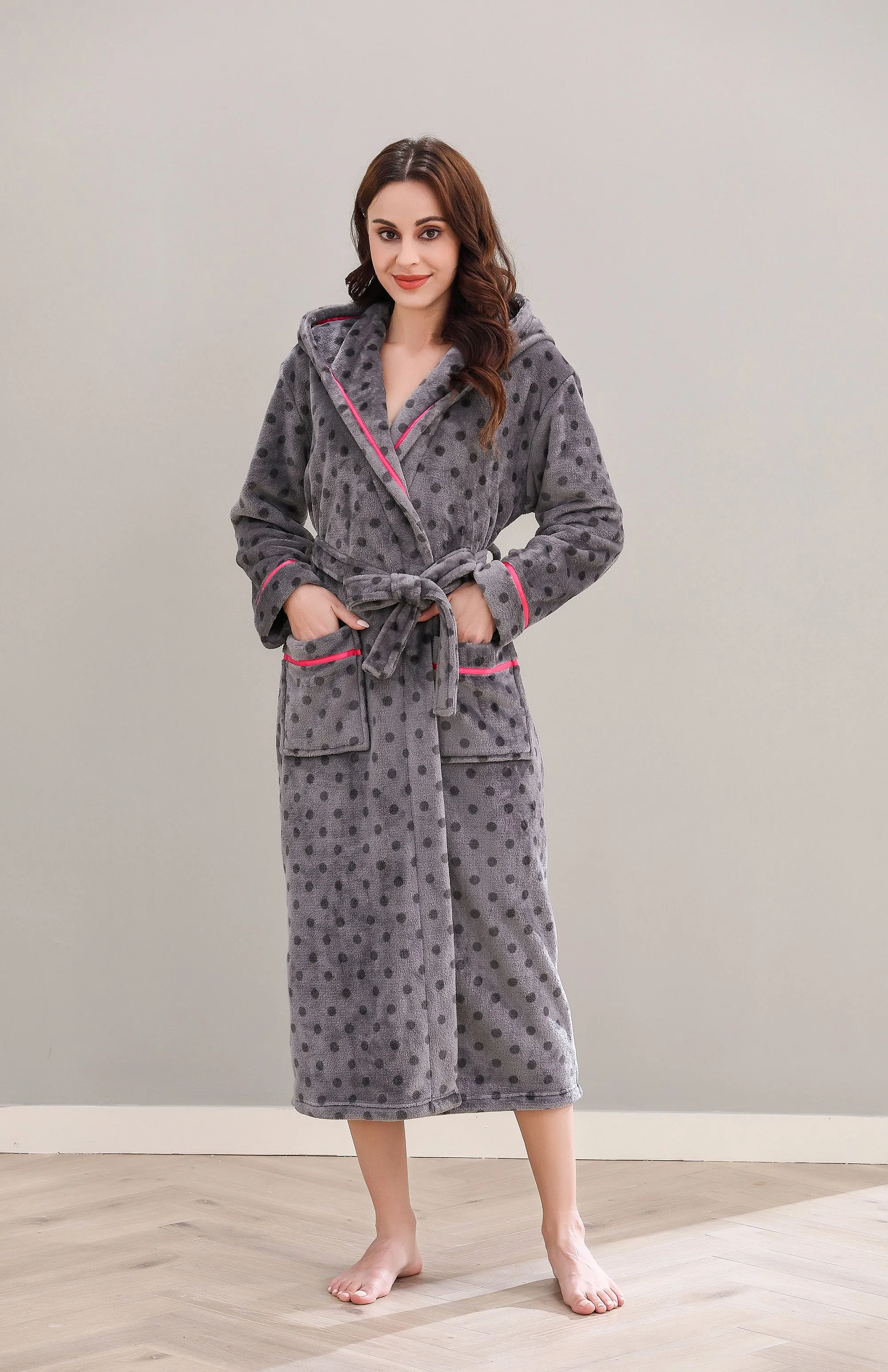 Richie Women's Polka Long Hooded Robe Collared Sleepwear Housecoat RHW2882