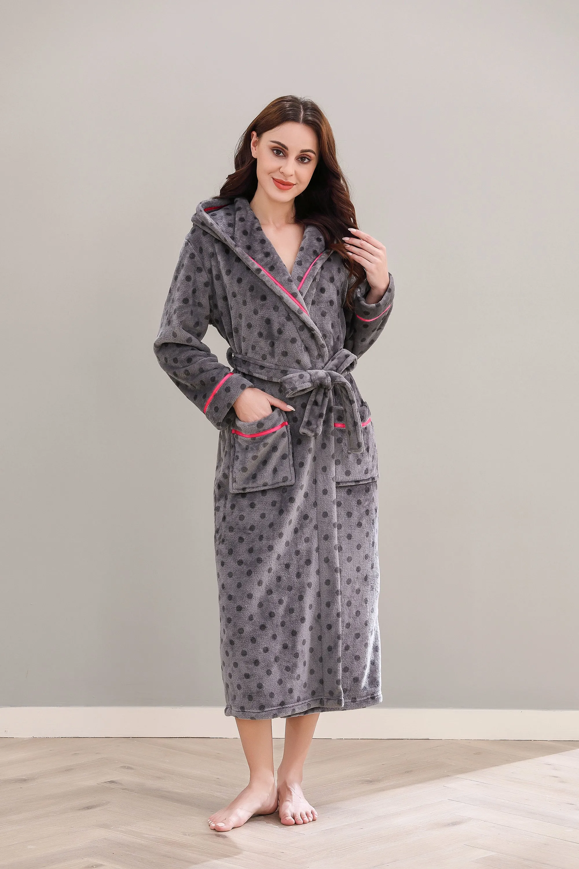 Richie Women's Polka Long Hooded Robe Collared Sleepwear Housecoat RHW2882