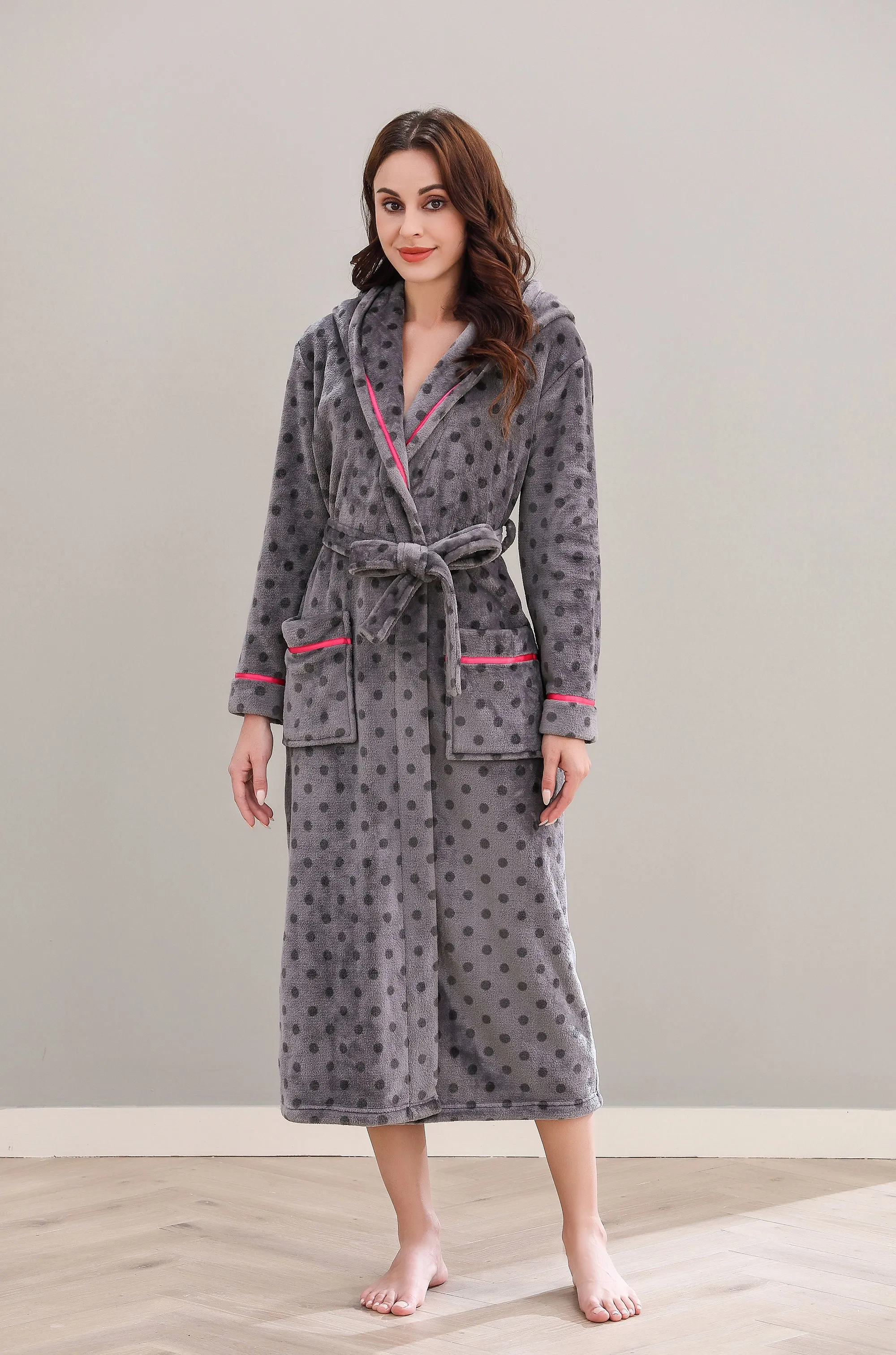 Richie Women's Polka Long Hooded Robe Collared Sleepwear Housecoat RHW2882