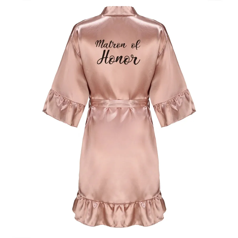 Rose Gold Satin Bridesmaid Team Bride Robes With Ruffle Sister Mother Bathrobe Maid of Honor Kimono Wedding Gift