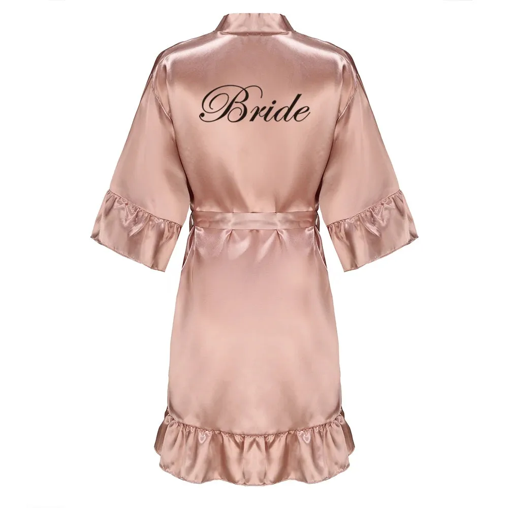 Rose Gold Satin Bridesmaid Team Bride Robes With Ruffle Sister Mother Bathrobe Maid of Honor Kimono Wedding Gift