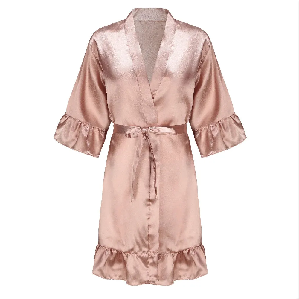 Rose Gold Satin Bridesmaid Team Bride Robes With Ruffle Sister Mother Bathrobe Maid of Honor Kimono Wedding Gift