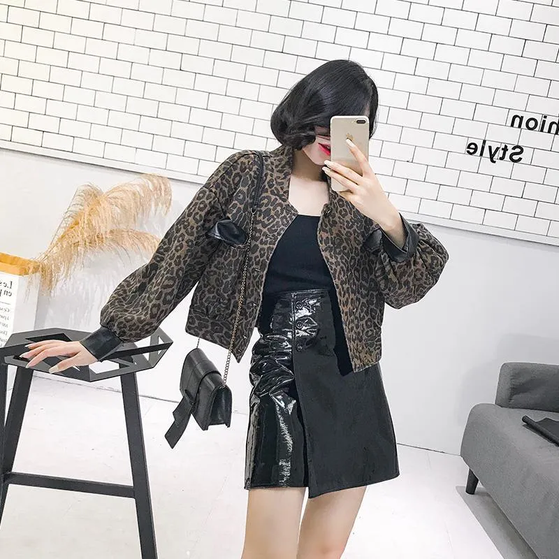 Short Leopard Print Buttons Leather Stylish Jacket