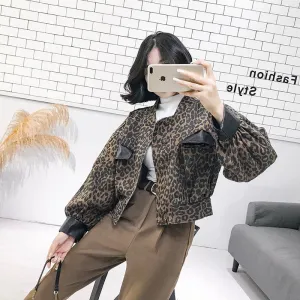 Short Leopard Print Buttons Leather Stylish Jacket