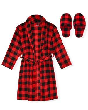 Sleep On It Boys Flannel Fleece Shawl Collar Robe with Matching Slippers - Red Plaid