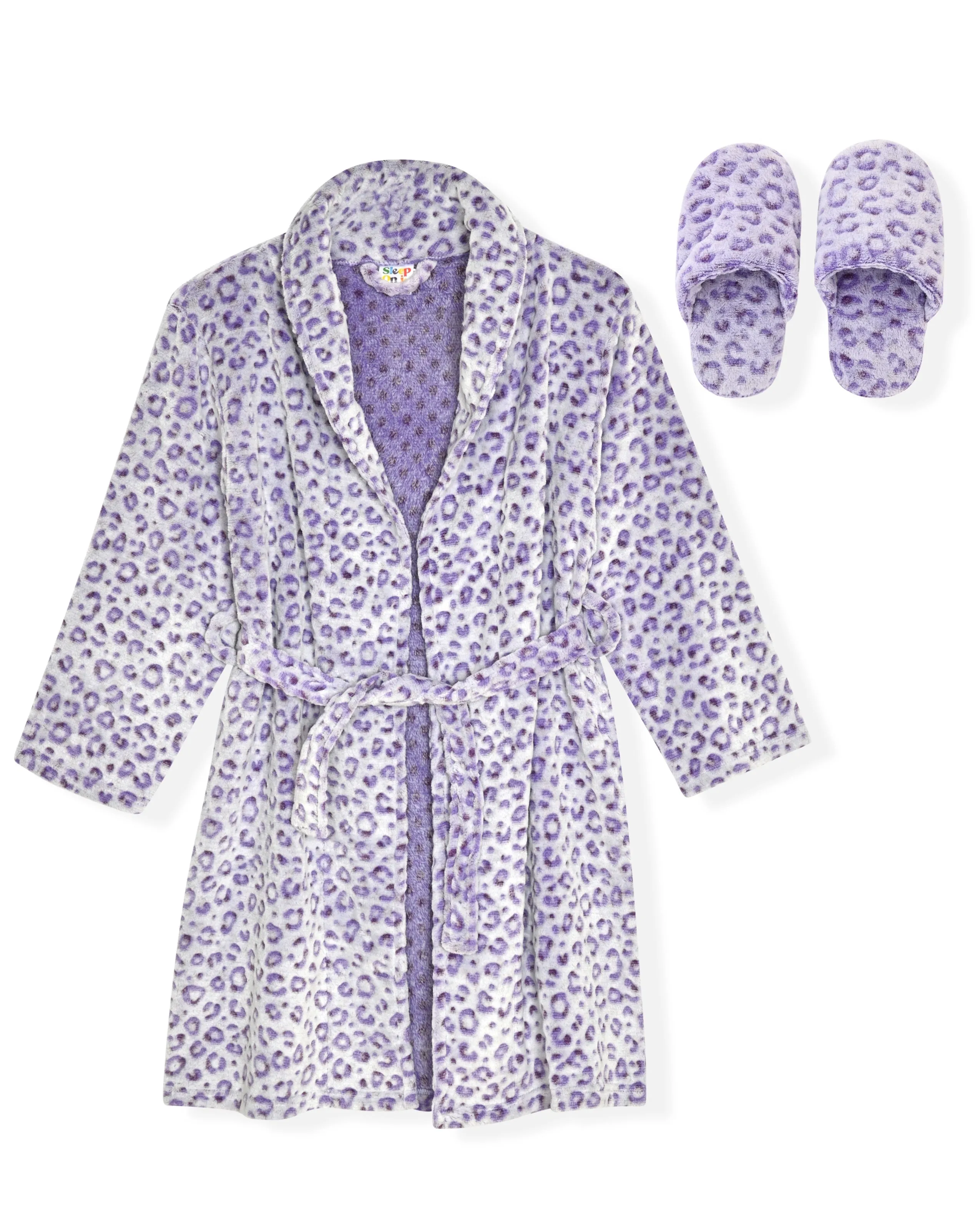 Sleep On It Girls Frosted Flannel Fleece Collar Robe Set with Matching Slippers - Leopard