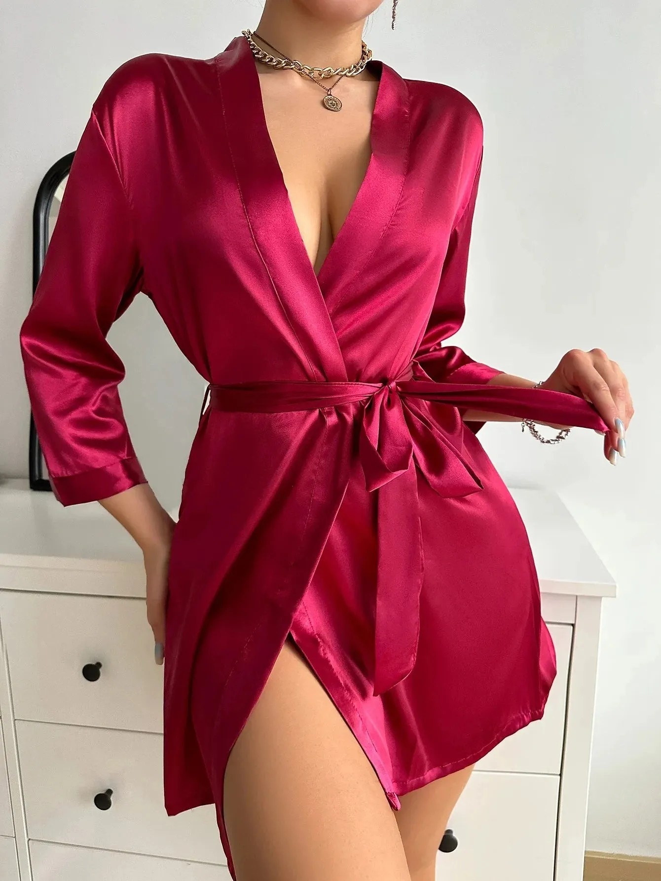 Solid Satin Night Robe Long Sleeve V Neck Robe With Belt Women's Sleepwear