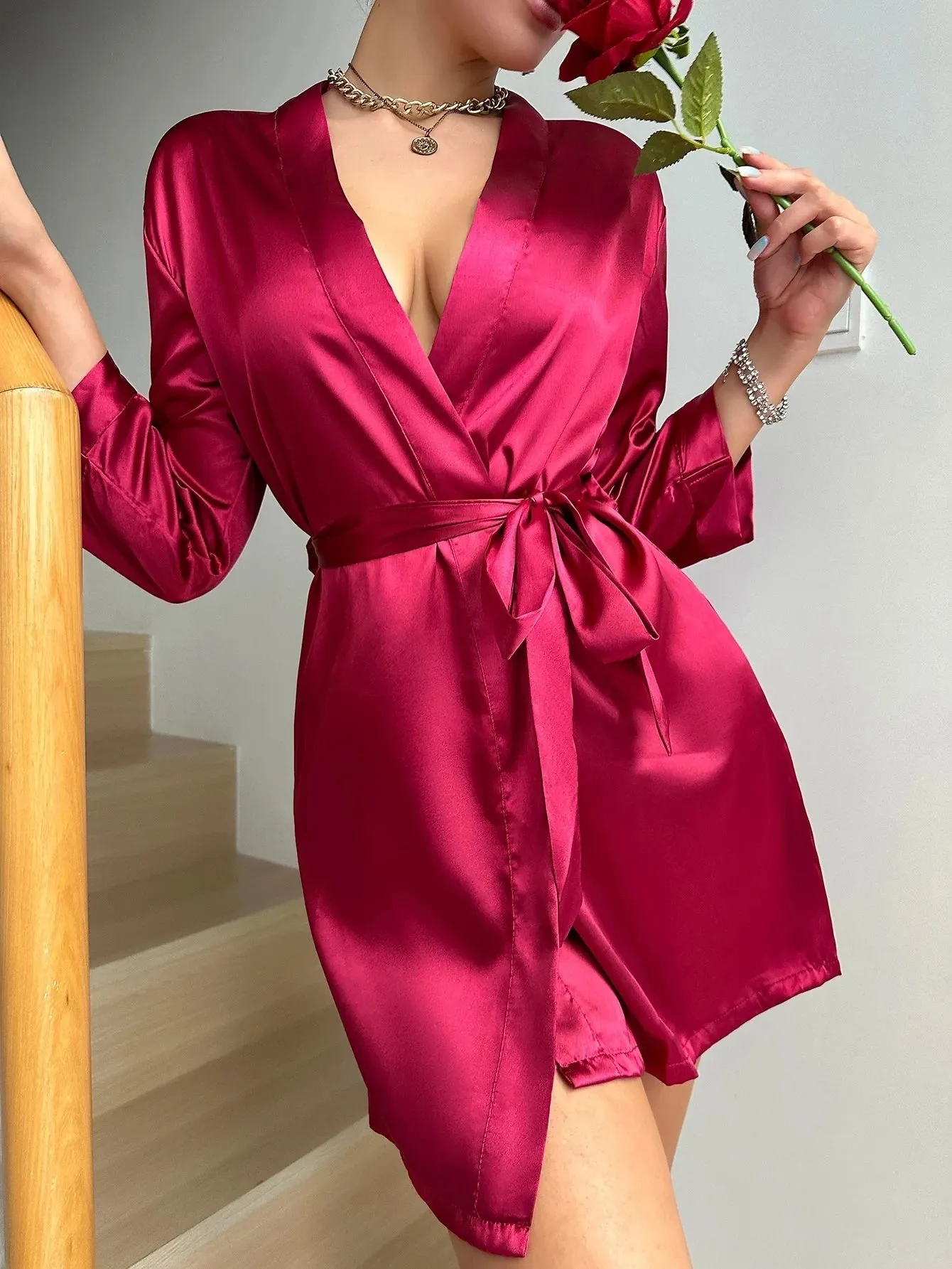 Solid Satin Night Robe Long Sleeve V Neck Robe With Belt Women's Sleepwear