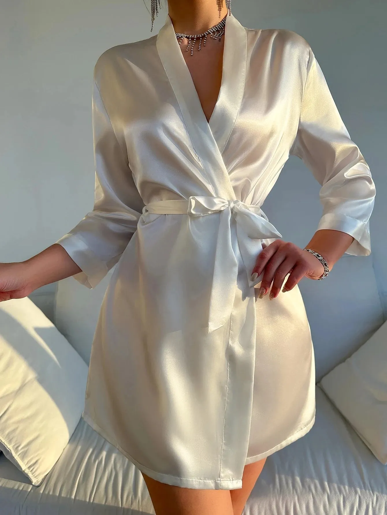 Solid Satin Night Robe Long Sleeve V Neck Robe With Belt Women's Sleepwear