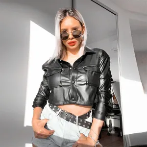 Wish Women's Street Handsome Locomotive Big Pocket Small Loose Lapel Leather Jacket