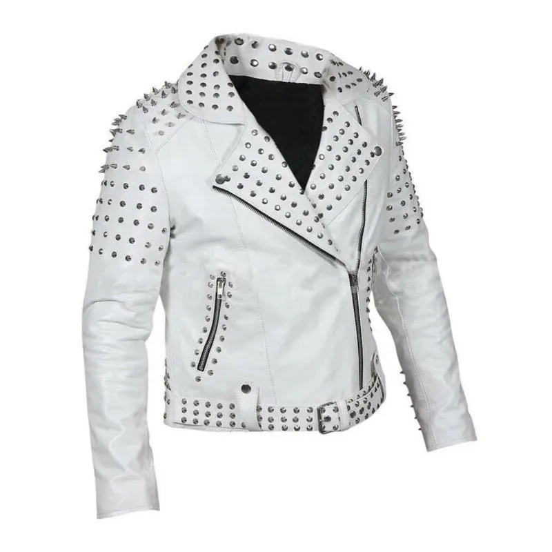 Women White Leather Studded Jacket