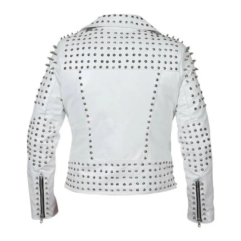 Women White Leather Studded Jacket