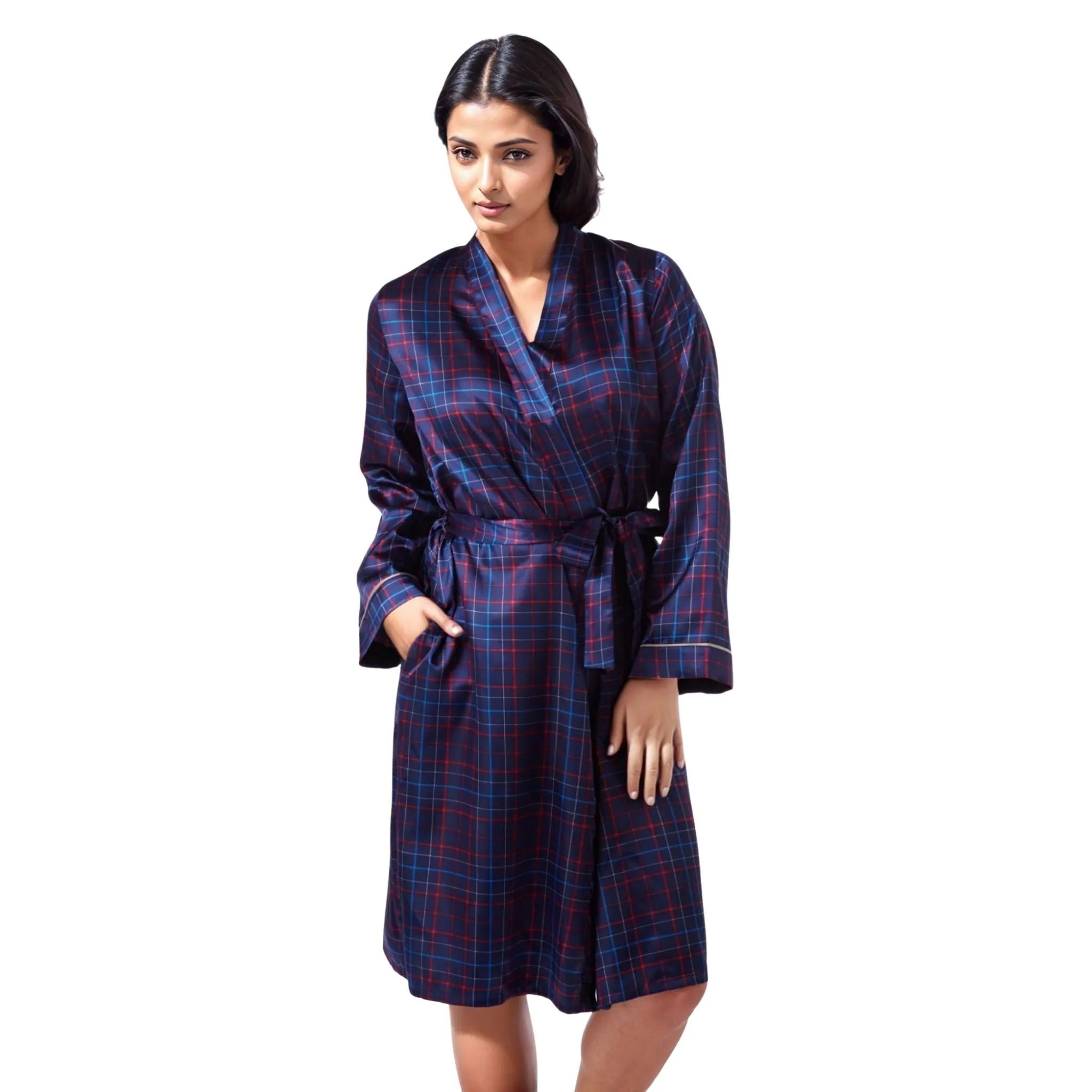 Womens Satin Dressing Gown, Kimono Bathrobe Navy Red Check